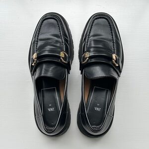 Zara women’s Black Leather Loafers with Gold Buckle